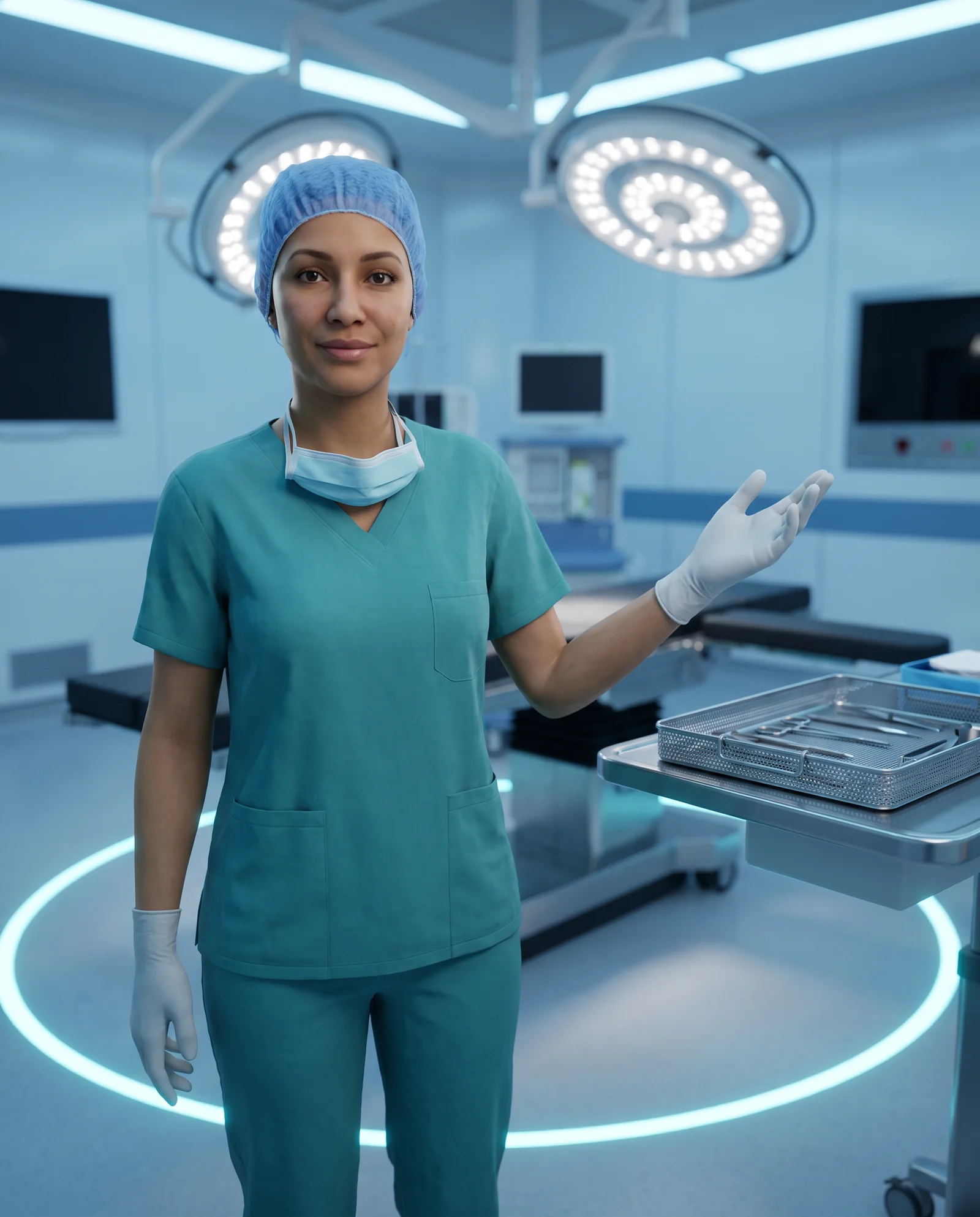 A virtual clinician avatar gesturing towards an instrument tray