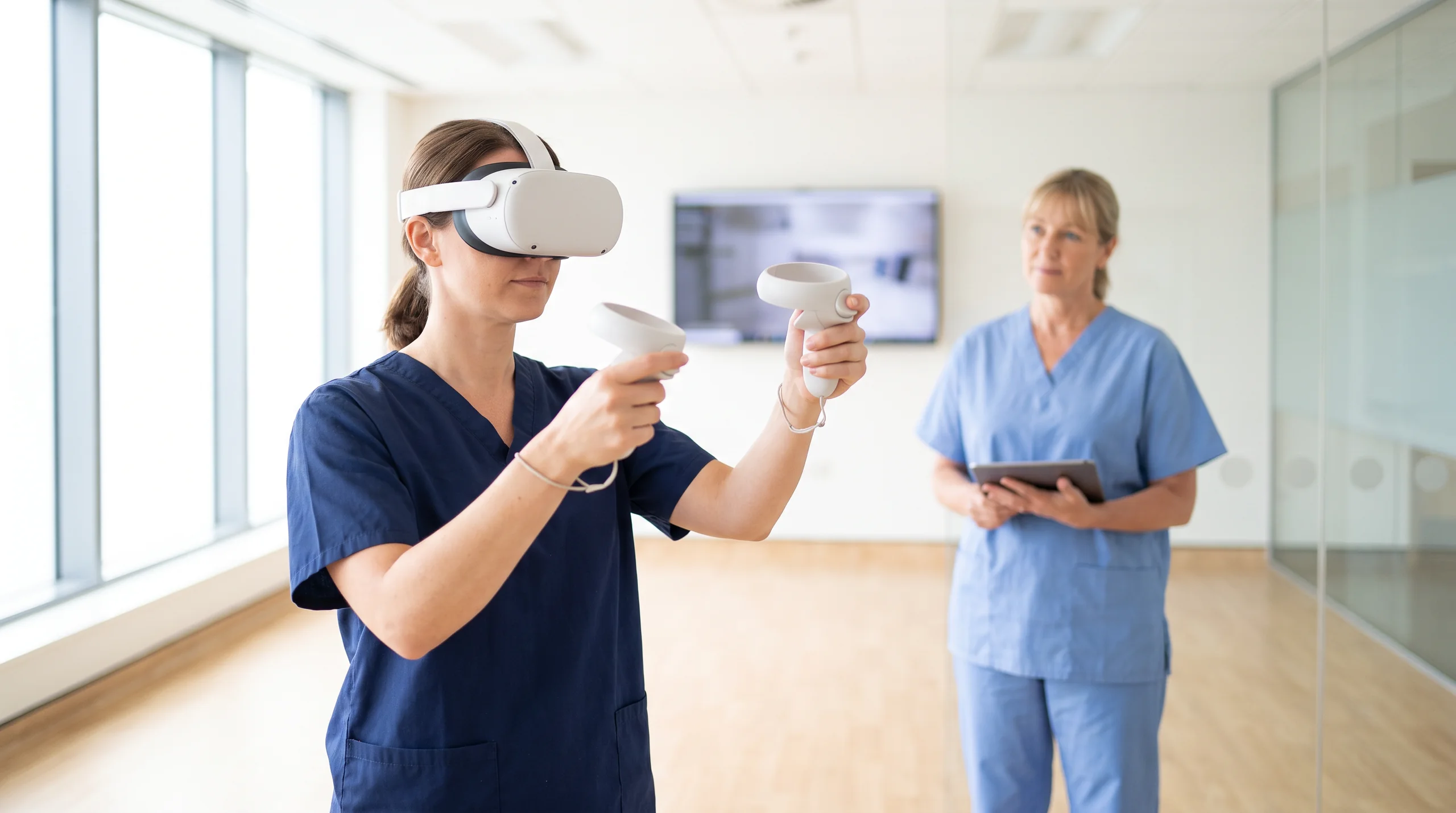 A theatre nurse training in a VR headset while an educator observes